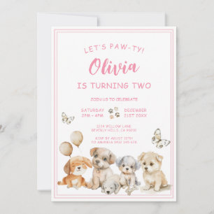 Cute Puppy Pawty Hond Roze Meisje Verjaardagsfeest Kaart