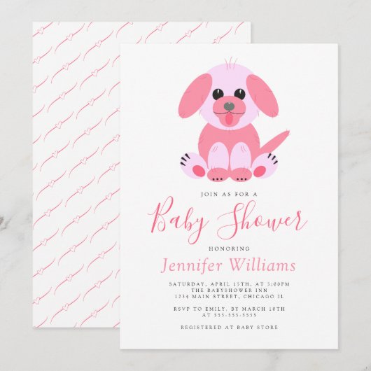 Cute Puppy Pink Personalized Baby Girl Shower Kaart (Voorkant / Achterkant)