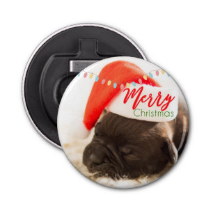Cute Puppy Pug in een Rode Kerstmis Button Flesopener