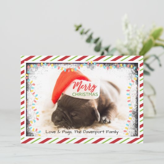 Cute Puppy Pug in een Rode Kerstmis Feestdagenkaart (Staand voorkant)