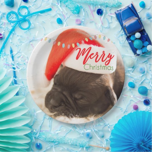 Cute Puppy Pug in een Rode Kerstmis Papieren Bordje (Feest)