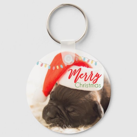 Cute Puppy Pug in een Rode Kerstmis Sleutelhanger (Voorkant)