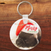 Cute Puppy Pug in een Rode Kerstmis Sleutelhanger (Voorkant)