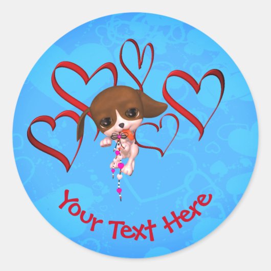 Cute Puppy Red Hearts gepersonaliseerd Ronde Sticker (Voorkant)