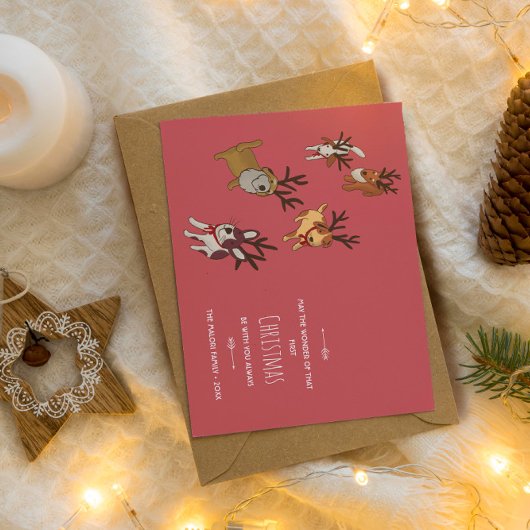 Cute Puppy Reindeer Baby’s First Christmas Feestdagenkaart