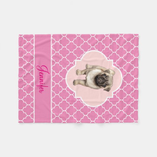 Cute Puppy Roze Quatrefoil met naam Fleece Deken (Voorkant (Horizontaal))