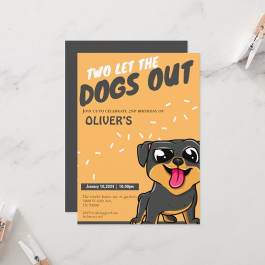 Cute Puppy thema 2e verjaardag uitnodiging (Voorkant / Achterkant in situ)