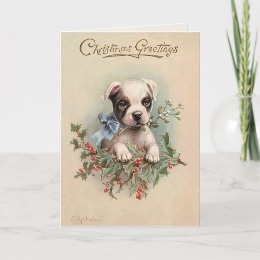 Cute Puppy Vintage kerstgroet Feestdagen Kaart (Voorkant)