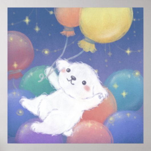 Cute Puppy with Balloons & Stars Poster (Voorkant)
