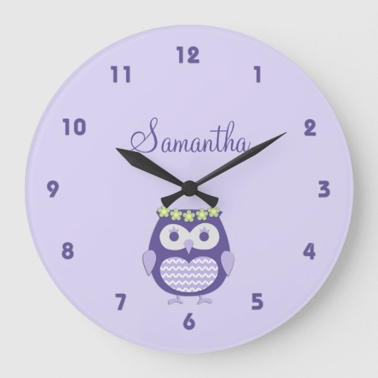 Cute Purple and Lavender Girly Owl Wall Clock Grote Klok (Voorkant)