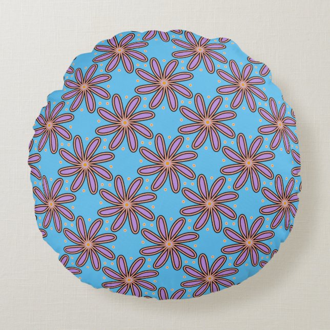 Cute Purple Daisies On Blue Throw Pillows Rond Kussen (Voorkant)