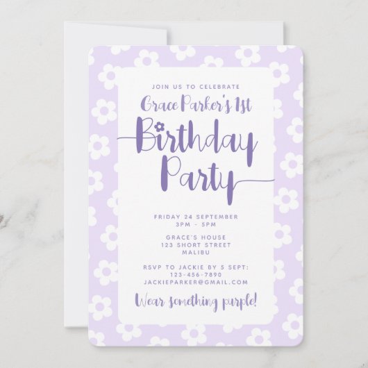 Cute Purple Daisy Pattern 1st Birthday Party Kaart (Voorkant)