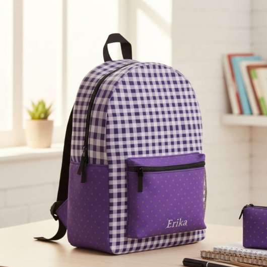 Cute Purple Gingham Personalized Backpack Bedrukte Rugzak