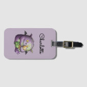 Cute Purple Green Fluffy Monster Buddy Bagagelabel (Voorkant (horizontaal))