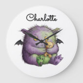 Cute Purple Green Fluffy Monster Buddy Grote Klok (Voorkant)