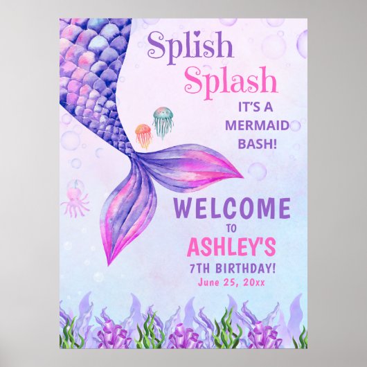Cute Purple Mermaid Tail, Girl's Birthday Party Poster (Voorkant)