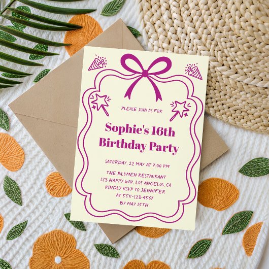 Cute Purple Ribbon Frame Sweet 16 Birthday Party Kaart