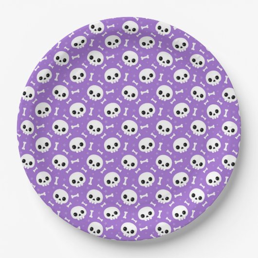 Cute Purple Skull & Bones Halloween Pattern Papieren Bordje (Voorkant)