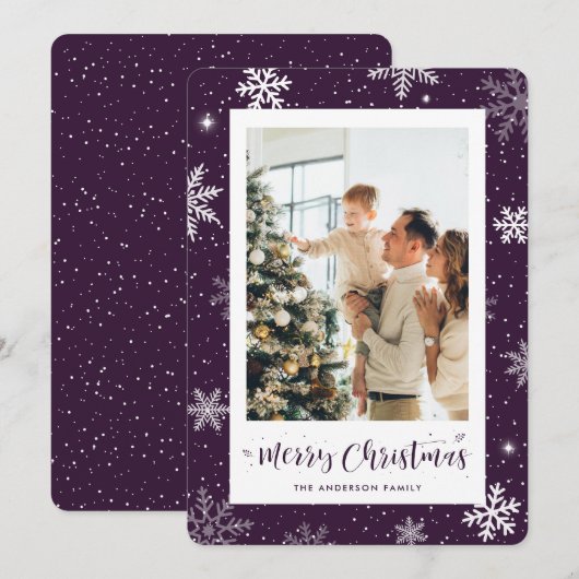 Cute Purple Snowflake Photo Christmas Card Feestdagenkaart (Voorkant / Achterkant)