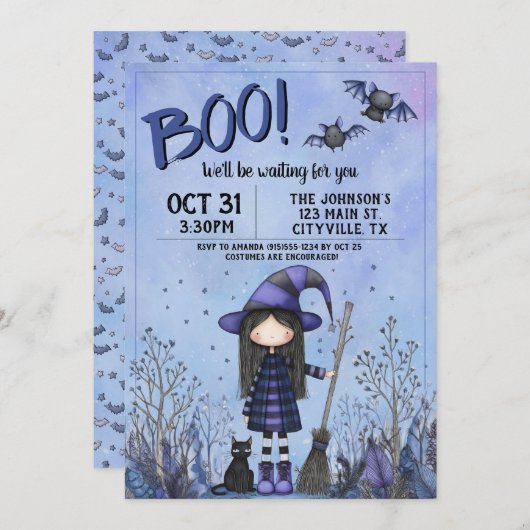 Cute Purple Witch Kids Halloween Kaart (Voorkant / Achterkant)