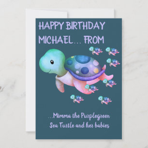 Cute Purplegreen Zee Turtle & Babies Birthday Card Kaart