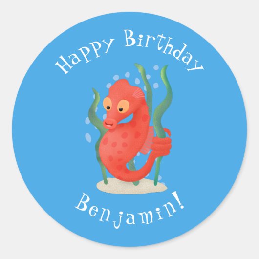 Cute pygmy seahorse cartoon ronde sticker (Voorkant)