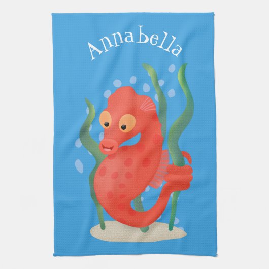 Cute pygmy seahorse cartoon theedoek (Verticaal)