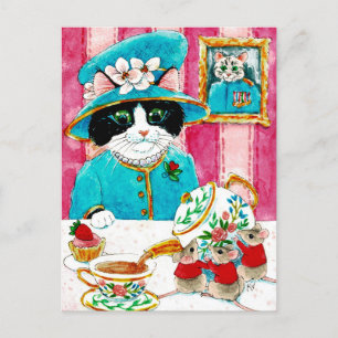 Cute Queen Elizabeth Cat Mouse Tea briefkaart