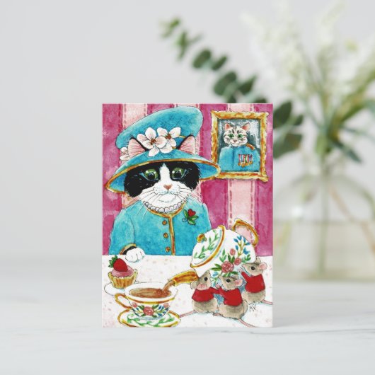 Cute Queen Elizabeth Cat Mouse Tea briefkaart (Staand voorkant)