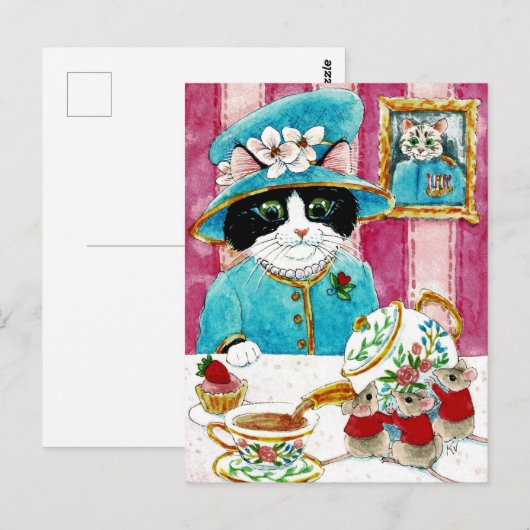 Cute Queen Elizabeth Cat Mouse Tea briefkaart (Voorkant / Achterkant)