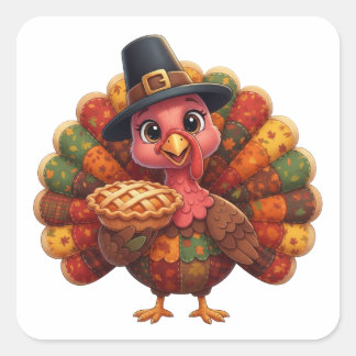 Cute Quilted Patchwork Turkey | Pilgrim Hat Pie Vierkante Sticker