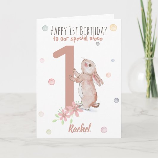 Cute Rabbit 1st Birthday Kaart for Niece (Voorkant)