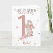 Cute Rabbit 1st Birthday Kaart for Niece