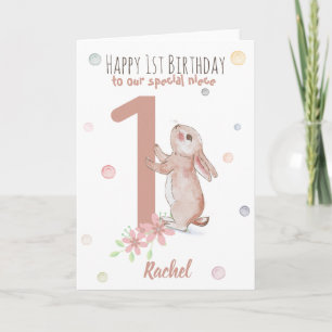 Cute Rabbit 1st Birthday Kaart for Niece