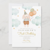 Cute Rabbit Baloon First Birthday 1st Birthday Kaart (Voorkant)