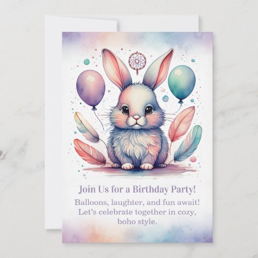 Cute Rabbit Birthday Invitation Woodland Boho  Kaart (Voorkant)