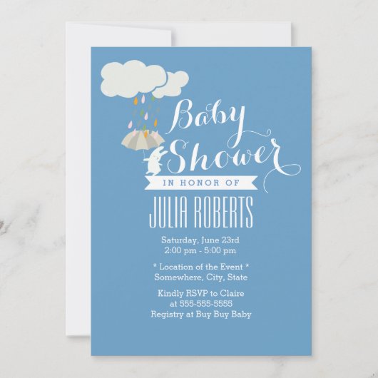 Cute Rabbit Blue Baby Shower Invitations Kaart (Voorkant)