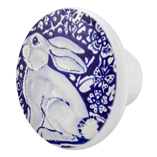 Cute Rabbit Blue White Woodland Animal Dedham   Keramische Knop (Rechts)