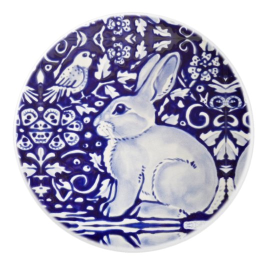 Cute Rabbit Blue White Woodland Animal Dedham   Keramische Knop (Voorkant)