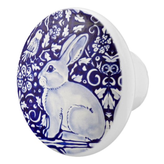 Cute Rabbit Blue White Woodland Animal Dedham Keramische Knop (Rechts)