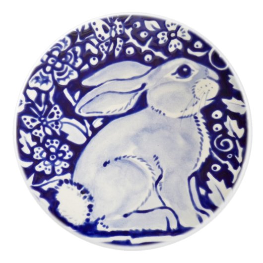 Cute Rabbit Blue White Woodland Animal Dedham  Keramische Knop (Voorkant)