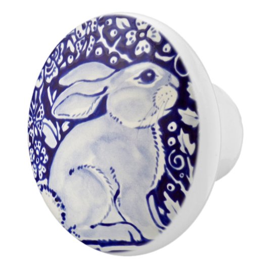 Cute Rabbit Blue White Woodland Animal Dedham  Keramische Knop (Rechts)