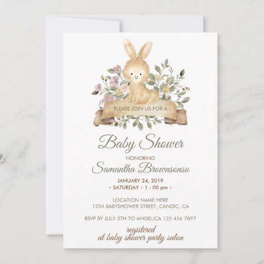 Cute Rabbit Botanical Ribbon Baby shower Kaart (Voorkant)