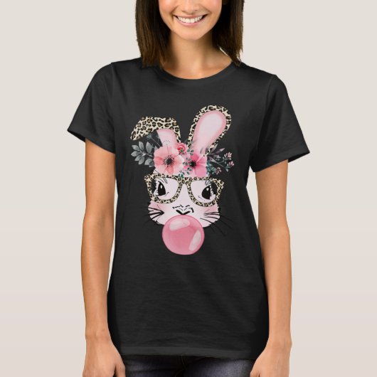 Cute Rabbit Bubble Gum Easter Day Bunny Leopard Gl T-shirt (Voorkant)