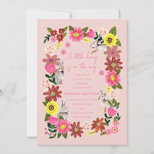 Cute Rabbit Bunny Girl Baby shower Invitation Kaart (Voorkant)