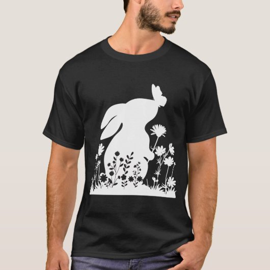 Cute Rabbit Bunny met Flowers Garden Happy Pasen T-shirt (Voorkant)