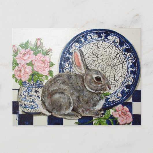 Cute Rabbit Bunny Painting Dedham Bord Floral Art Briefkaart (Voorkant)
