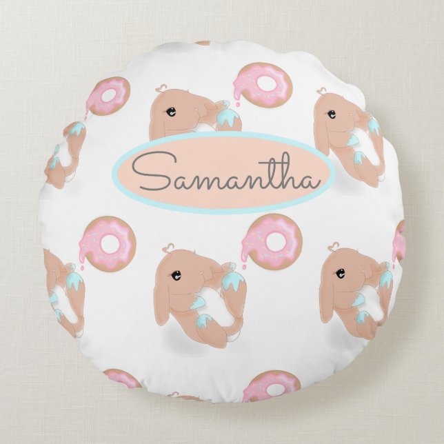 Cute Rabbit Cartoon Bunny Donut Nursery Girls  Rond Kussen (Voorkant)