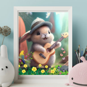 Cute Rabbit die gitaar speelt in de tuin van de bl Poster