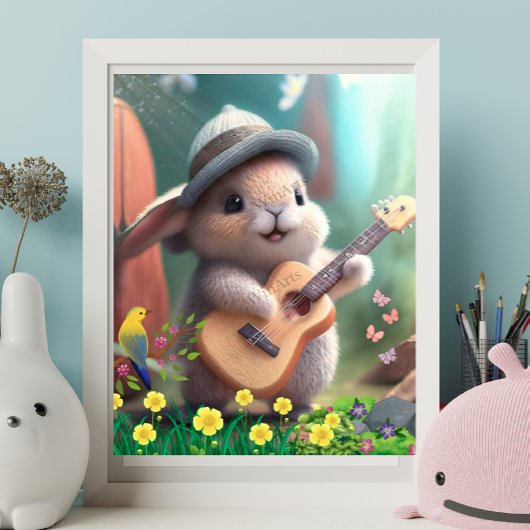 Cute Rabbit die gitaar speelt in de tuin van de bl Poster